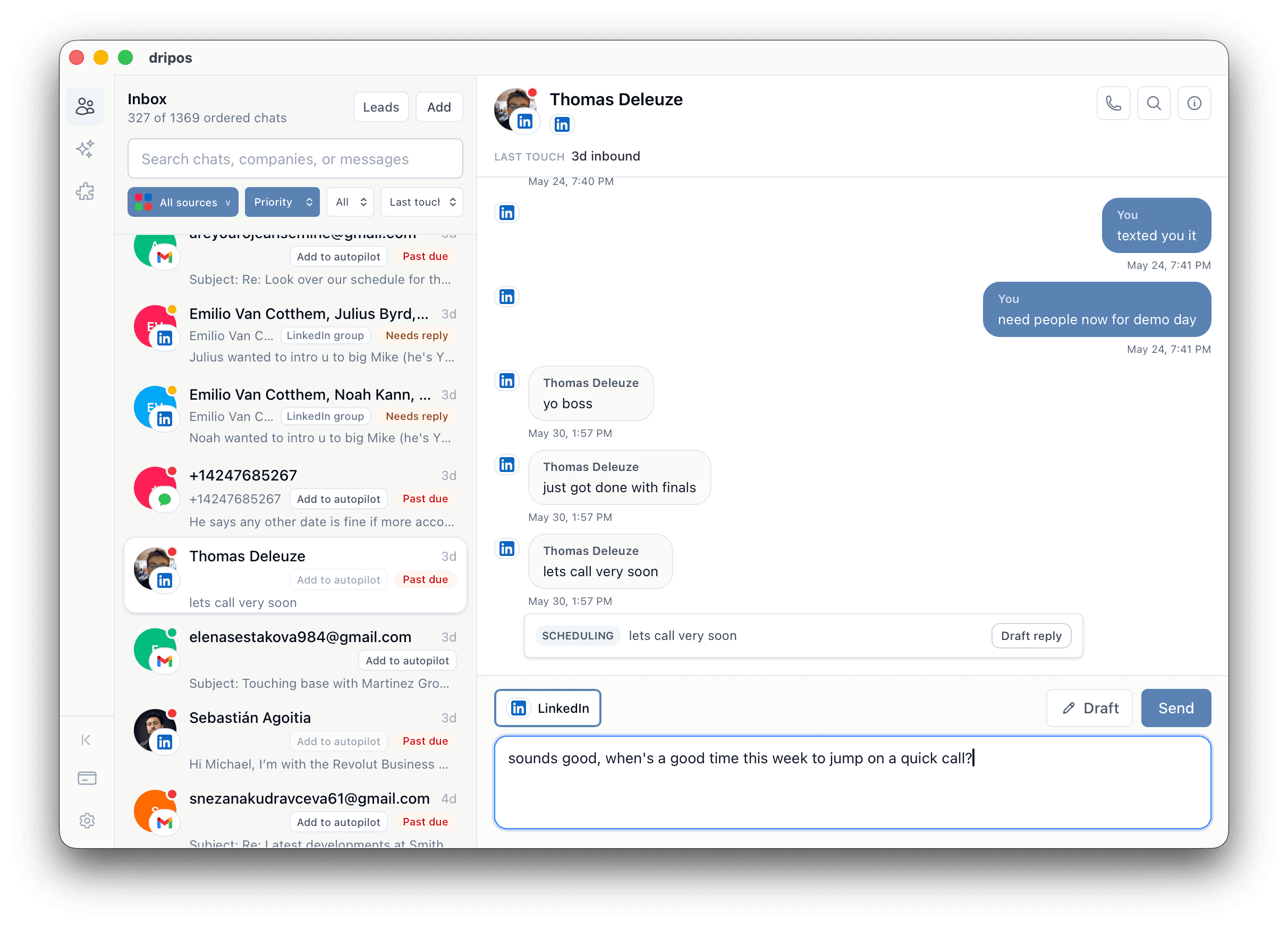 dripos Mac app showing conversations, reply context, and follow-up signals