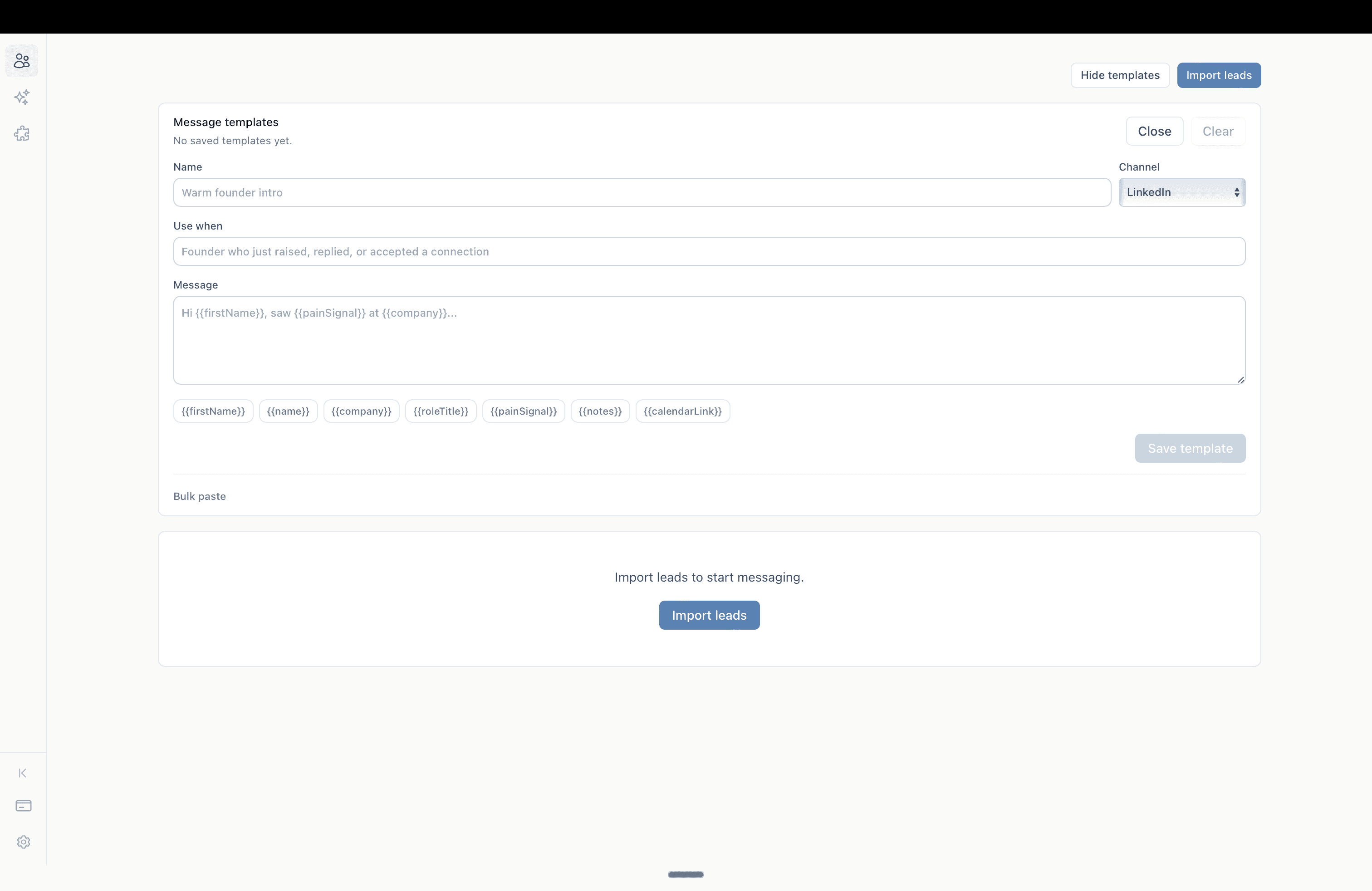 dripos LinkedIn message templates and lead import screen with variables for first name, company, role, notes, and calendar link